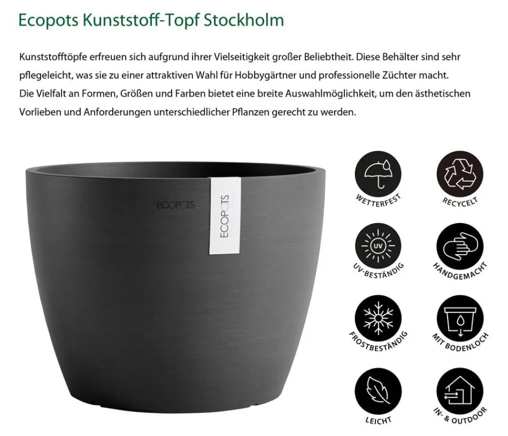 Ecopots Kunststoff-Topf Stockholm, rund Dunkelgrau Clearance