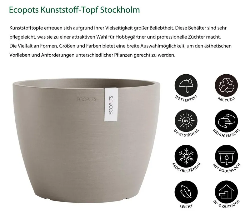 Ecopots Kunststoff-Topf Stockholm, rund Taupe Outlet