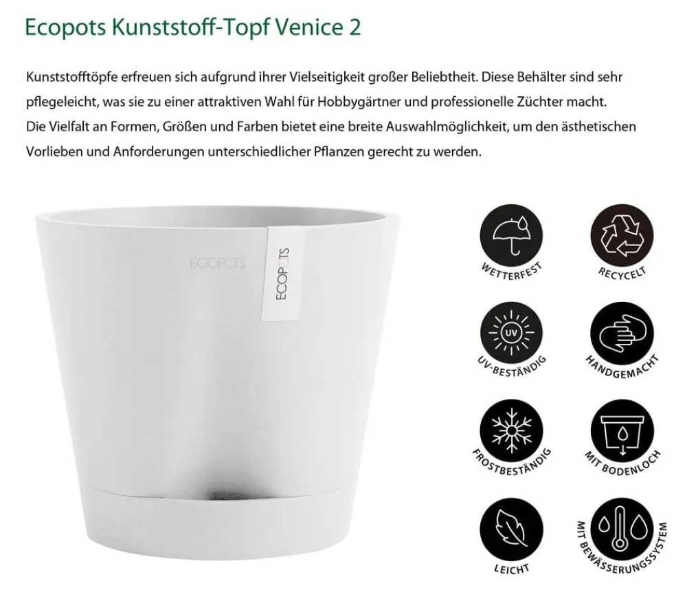 Ecopots Kunststoff-Topf Venice 2, rund Weiß Outlet