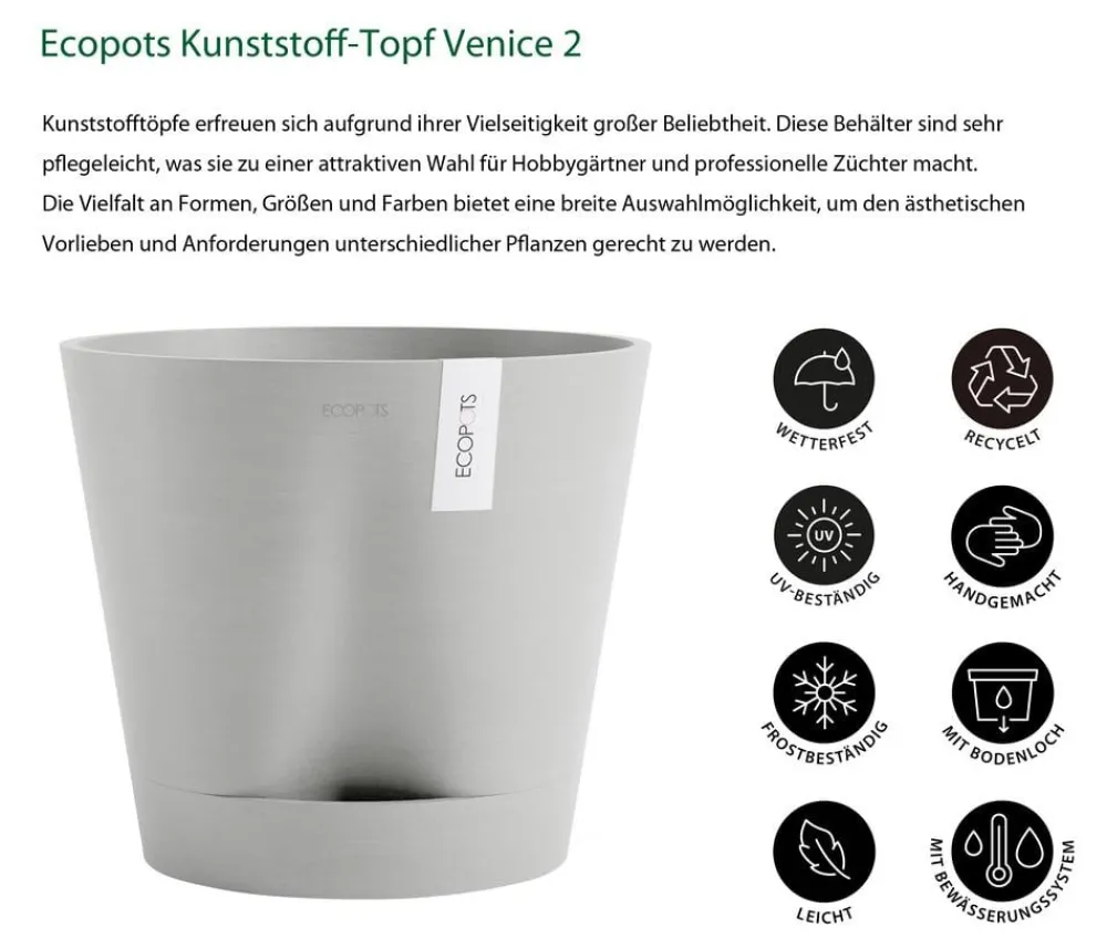 Ecopots Blumentöpfe & Übertöpfe - Kunststoff-Topf Venice 2, rund Hellgrau
