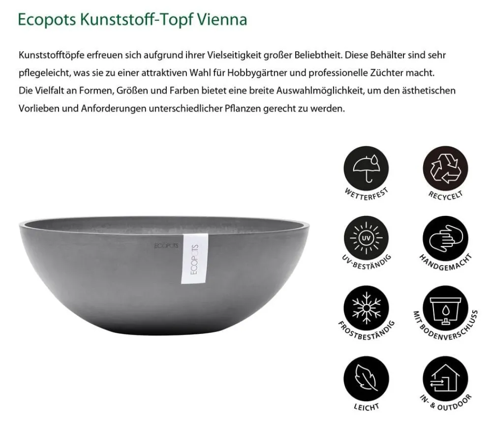 Ecopots Kunststoff-Topf Vienna, oval Grau New