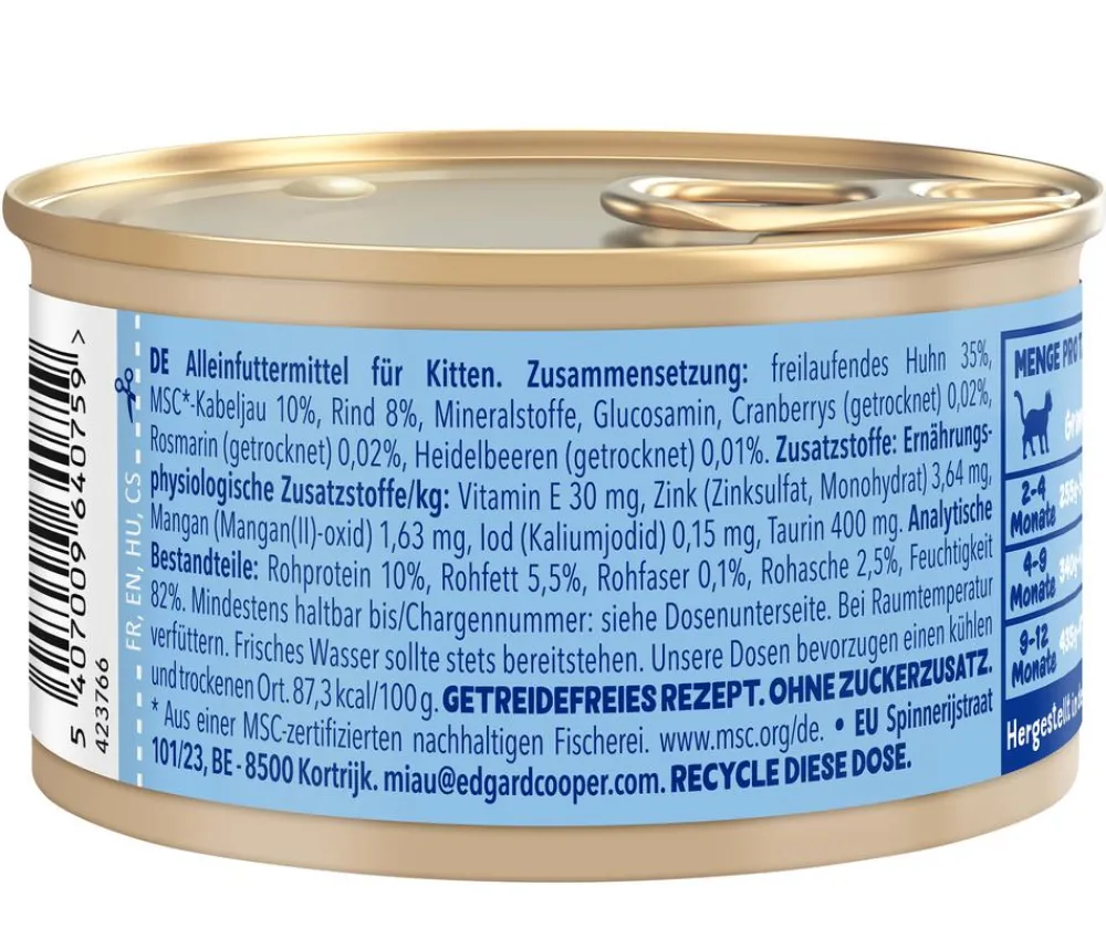 Edgard & Cooper® Nassfutter Katze > Edgard & Cooper Nassfutter für Katzen Kabeljau & Freilaufhuhn Stückchen in Soße, Kitten, 18 x 85 g
