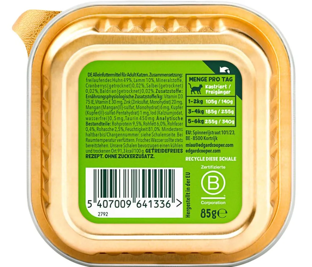 Edgard & Cooper® Edgard & Cooper Nassfutter für Katzen Lamm & Freilaufhuhn Paté Adult, 16 x 85 g New