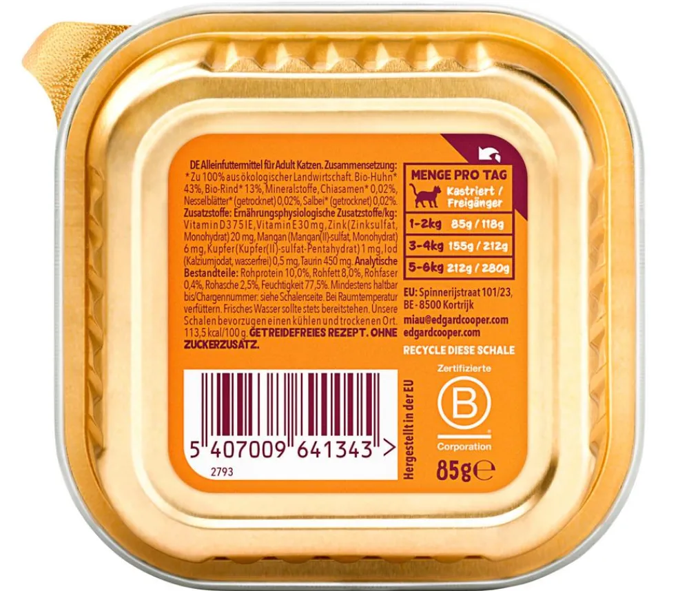Edgard & Cooper® Edgard & Cooper Nassfutter für Katzen Bio Huhn & Rind Paté Adult, 16 x 85 g Outlet