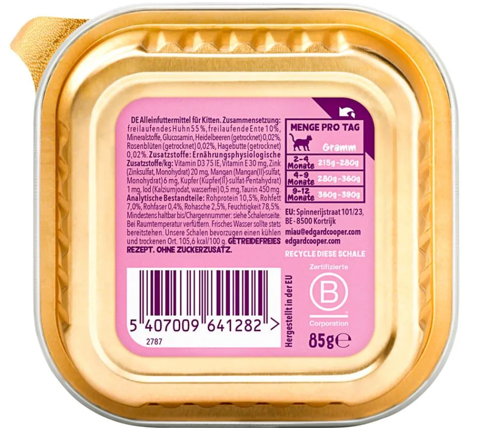 Edgard & Cooper® Nassfutter Katze - Edgard & Cooper Nassfutter für Katzen Freilaufente & Freilaufhuhn Paté, Kitten, 16 x 85 g