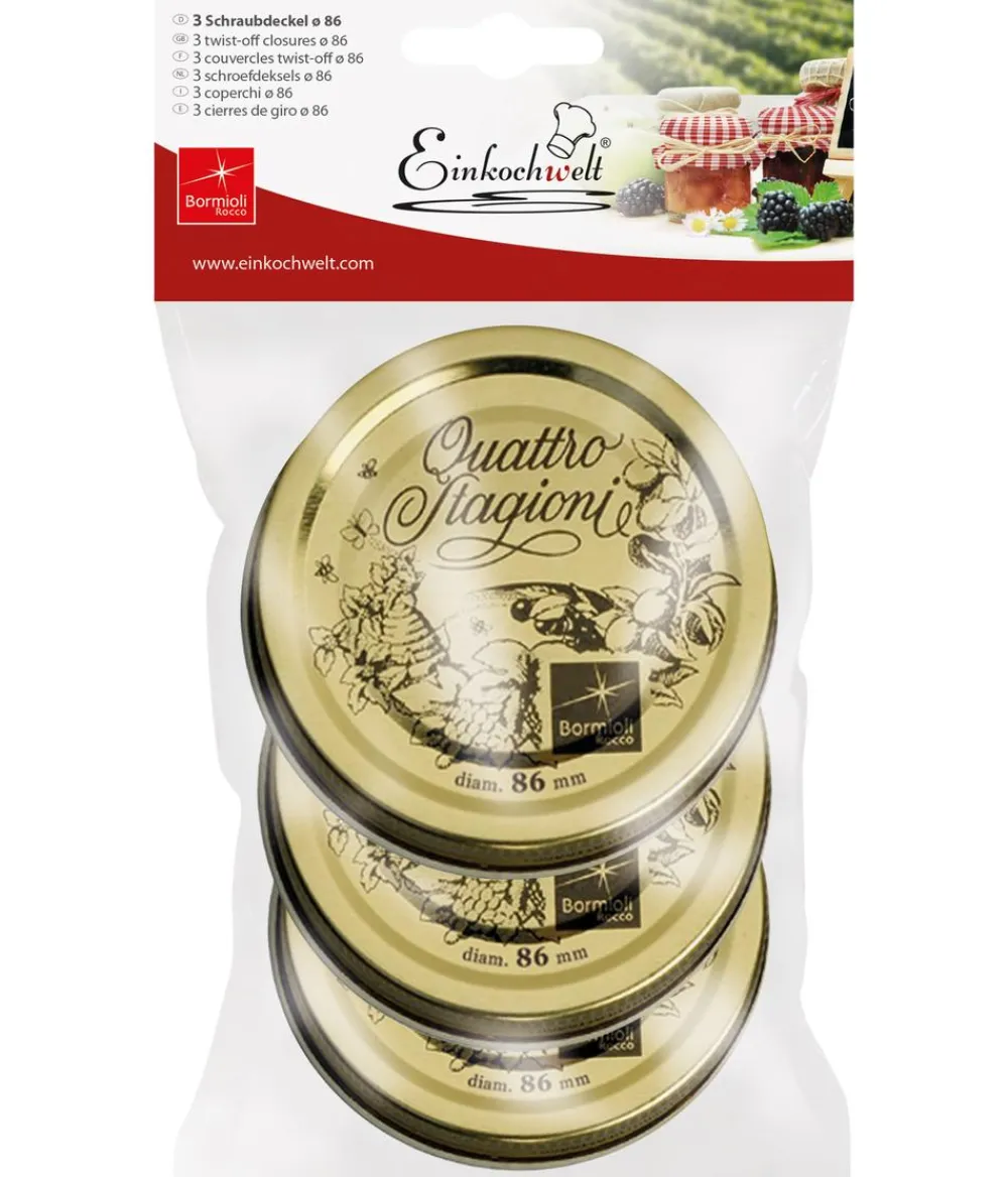 Einkochwelt Quattro Stagioni Schraubdeckel für Einkochgläser, Ø86 mm, 3er-Set Gold Outlet