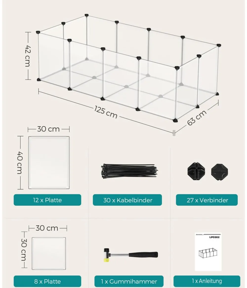Feandrea Freilaufgehege - Freigehege mit Bodenplatten, Kuststoff, ca. B125/H42/T63 cm Transparent