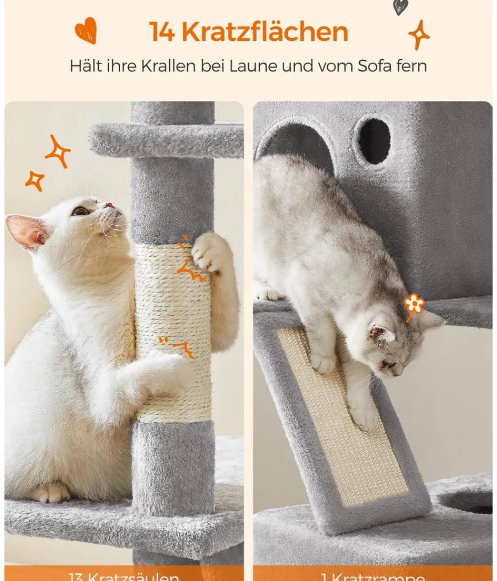 Feandrea Kratzbäume & Kratzmöbel - Kratzbaum XXL, ca. B60/H206/T50 cm Hellgrau