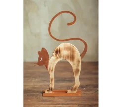 Ferrum Gartenzwerge & Gartenfiguren > buckelnde Holz-Katze mit Metall-Applikationen, ca. B32/H51 cm