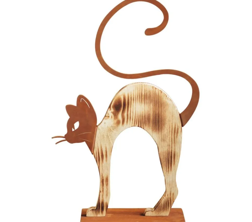 Ferrum Gartenzwerge & Gartenfiguren > buckelnde Holz-Katze mit Metall-Applikationen, ca. B32/H51 cm