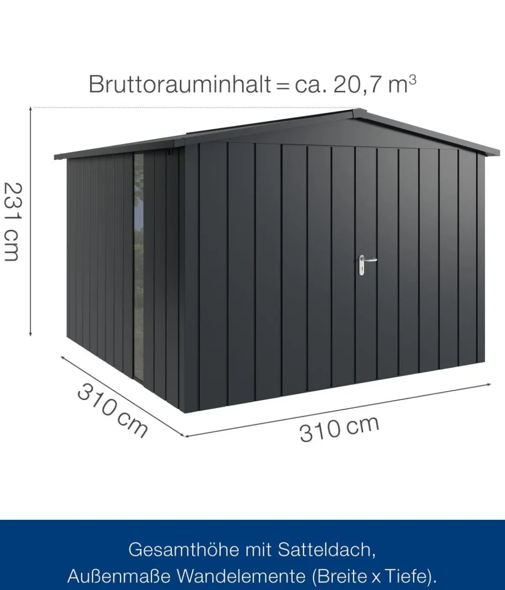 Hörmann Metallgerätehaus Juno JSD14 M-Sk Motiv Modern bodentiefes Fenster mit Doppeltür, ca. B333/H231/T325 cm Anthrazit Clearance
