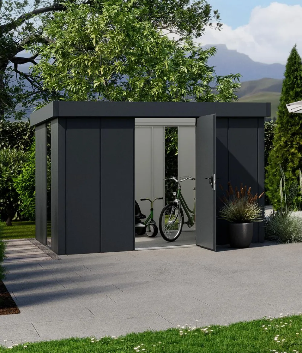 Hörmann Gartenhäuser & Gerätehäuser - Metallgerätehaus Juno JFD14 L-Sk Motiv Design bodentiefes Fenster, ca. B325/H222/T325 cm Anthrazit