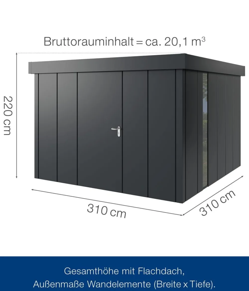 Hörmann Gartenhäuser & Gerätehäuser - Metallgerätehaus Juno JFD14 L-Sk Motiv Design bodentiefes Fenster, ca. B325/H222/T325 cm Graualuminium