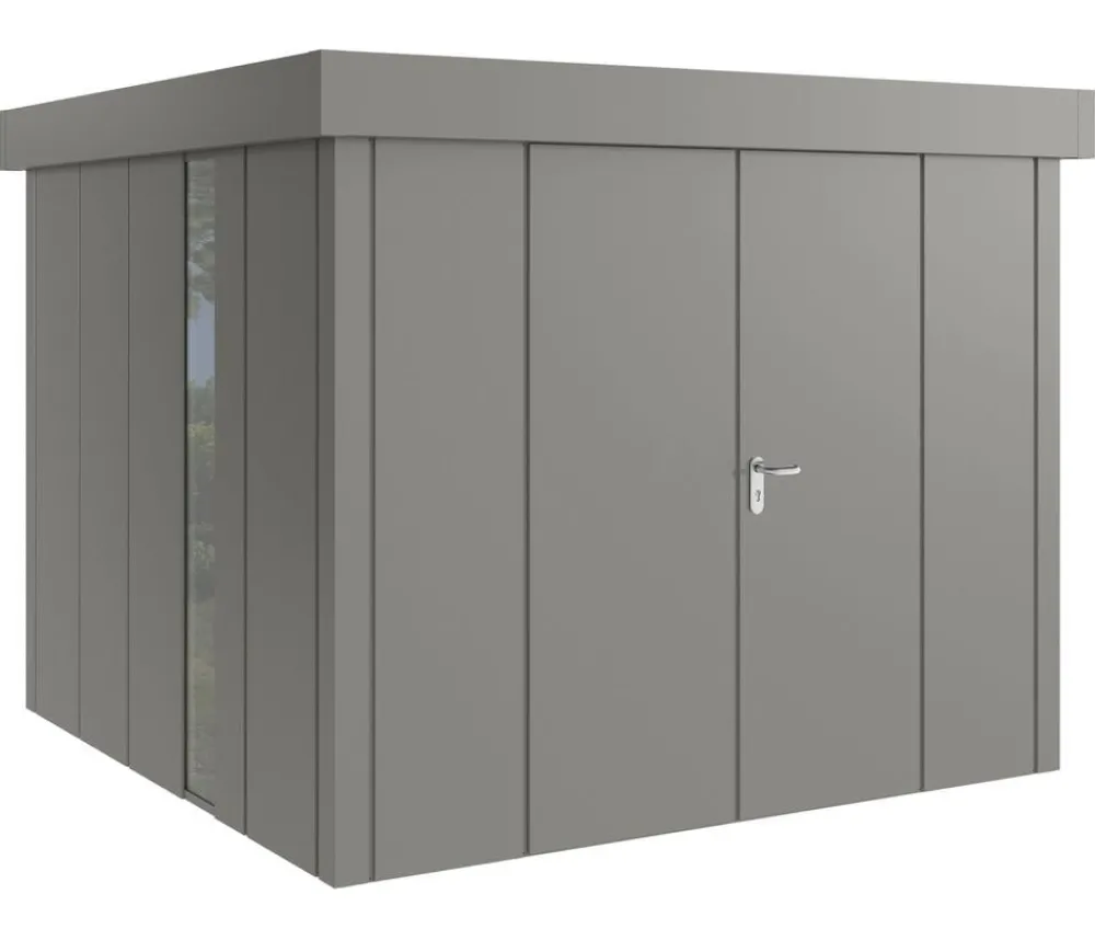 Hörmann Metallgerätehaus Juno JFD10 L-Sk Motiv Design bodentiefes Fenster mit Doppeltür, ca. B277/H222/T277 cm Graualuminium Hot
