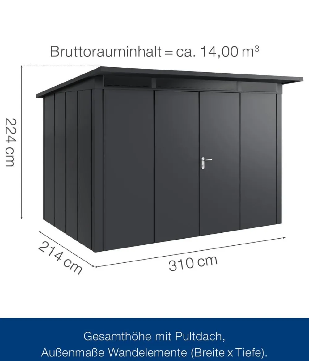 Hörmann Gartenhäuser & Gerätehäuser - Metallgerätehaus Juno JSD5 M-Sk Motiv Modern bodentiefes Fenster, ca. B237/H223/T229 cm Graualuminium