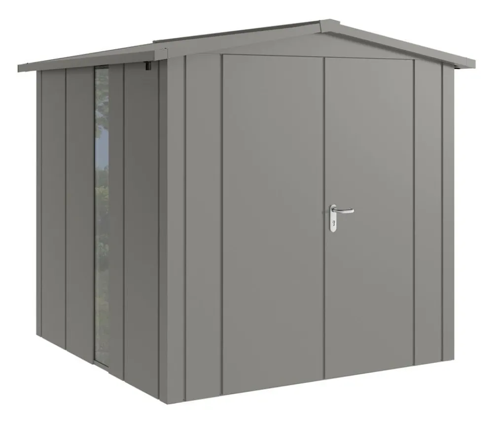 Hörmann Gartenhäuser & Gerätehäuser - Metallgerätehaus Juno JSD5 L-Sk Motiv Design bodentiefes Fenster mit Doppeltür, ca. B237/H223/T229 cm Graualuminium