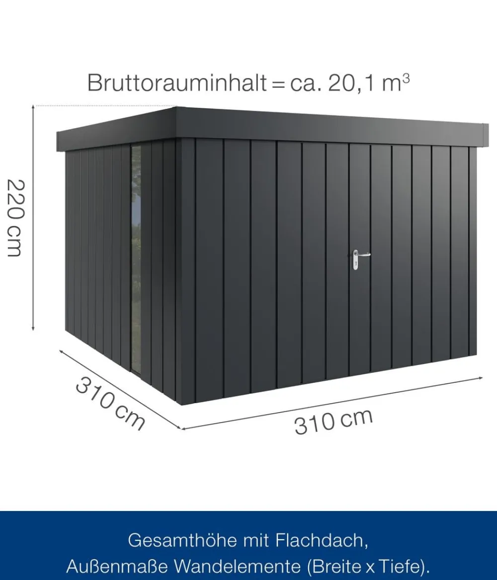 Hörmann Gartenhäuser & Gerätehäuser - Metallgerätehaus Juno JFD14 M-Sk Motiv Modern bodentiefes Fenster mit Doppeltür, ca. B325/H222/T325 cm Anthrazit