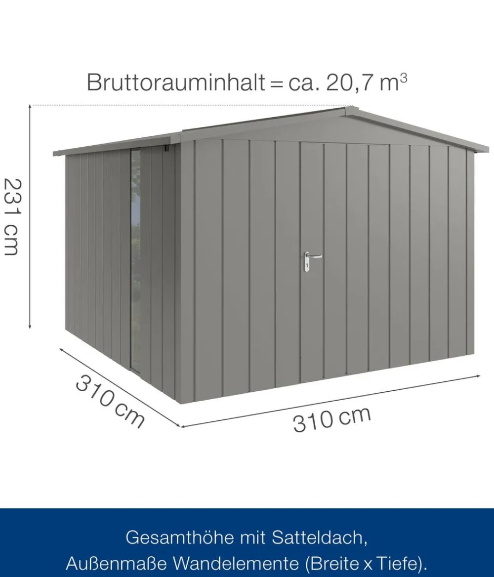 Hörmann Gartenhäuser & Gerätehäuser - Metallgerätehaus Juno JSD14 M-Sk Motiv Modern bodentiefes Fenster, ca. B333/H231/T325 cm Graualuminium
