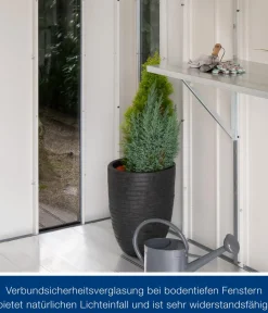 Hörmann Metallgerätehaus Juno JSD14 L-Sk Motiv Design bodentiefes Fenster, ca. B333/H231/T325 cm Graualuminium