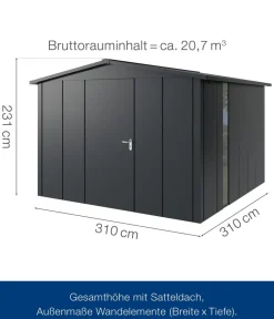 Hörmann Gartenhäuser & Gerätehäuser - Metallgerätehaus Juno JSD14 L-Sk Motiv Design bodentiefes Fenster, ca. B333/H231/T325 cm Anthrazit