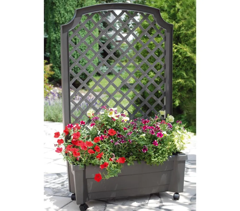 KHW Pflanzkübel & Blumenkästen - Kunststoff-Pflanzkasten Calypso, inkl. Spalier und Rollen Dunkelgrau