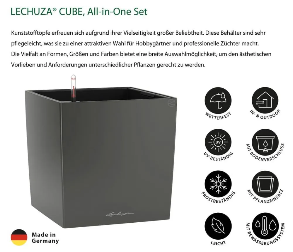 LECHUZA® Lechuza Tischgefäße|Lechuza Pflanzgefäße & Töpfe - CUBE, All-in-One Set Dunkelgrau