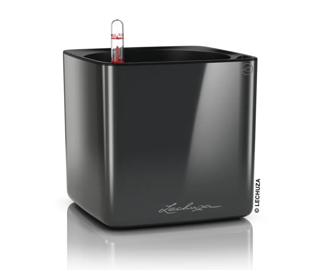 LECHUZA® Lechuza Tischgefäße|Lechuza Pflanzgefäße & Töpfe - CUBE Premium, All-in-One Set, hochglanz Dunkelgrau