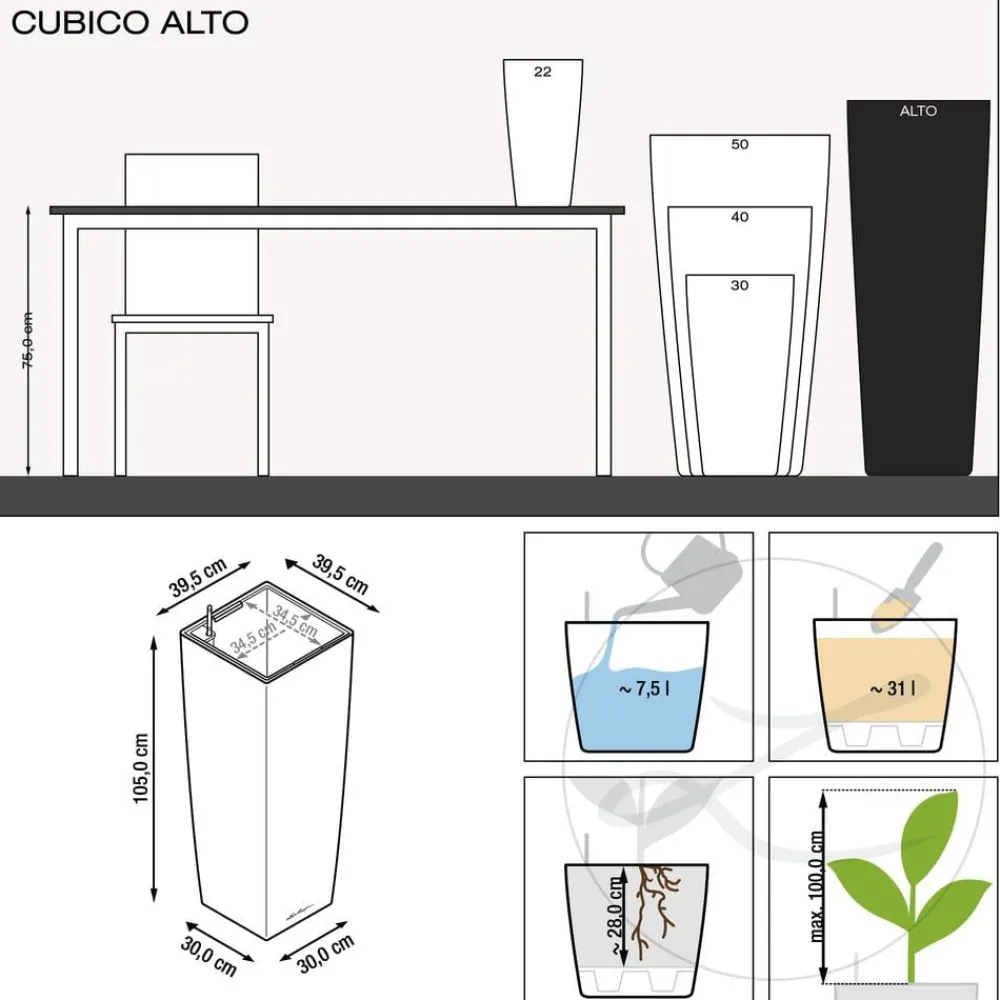 LECHUZA® Lechuza Pflanzgefäße & Töpfe > CUBICO ALTO, All-in-One-Set, ca. B40/H105/T40 cm