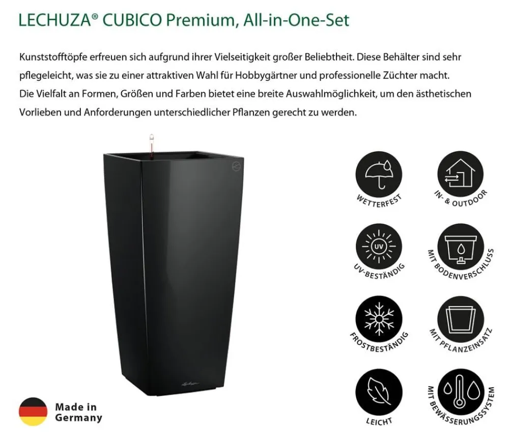 LECHUZA® Lechuza Pflanzgefäße & Töpfe|Blumentöpfe & Übertöpfe - CUBICO Premium, All-in-One-Set Schwarz