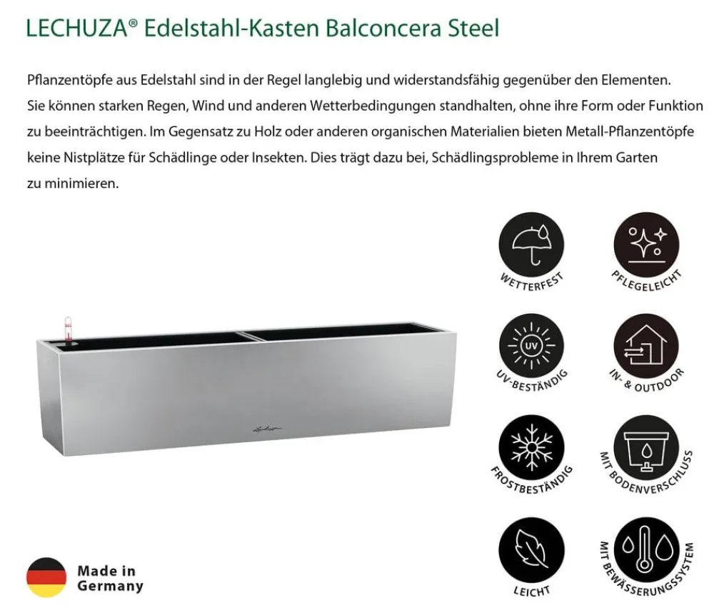 LECHUZA® Pflanzkübel & Blumenkästen|Lechuza Pflanzgefäße & Töpfe - Edelstahl-Kasten Balconcera Steel, rechteckig Hellgrau