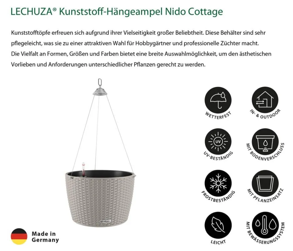 LECHUZA® Kunststoff-Hängeampel Nido Cottage inkl. Pflanzeinsatz, rund, ca. Ø36,3/H24,2 cm Hellbraun Discount