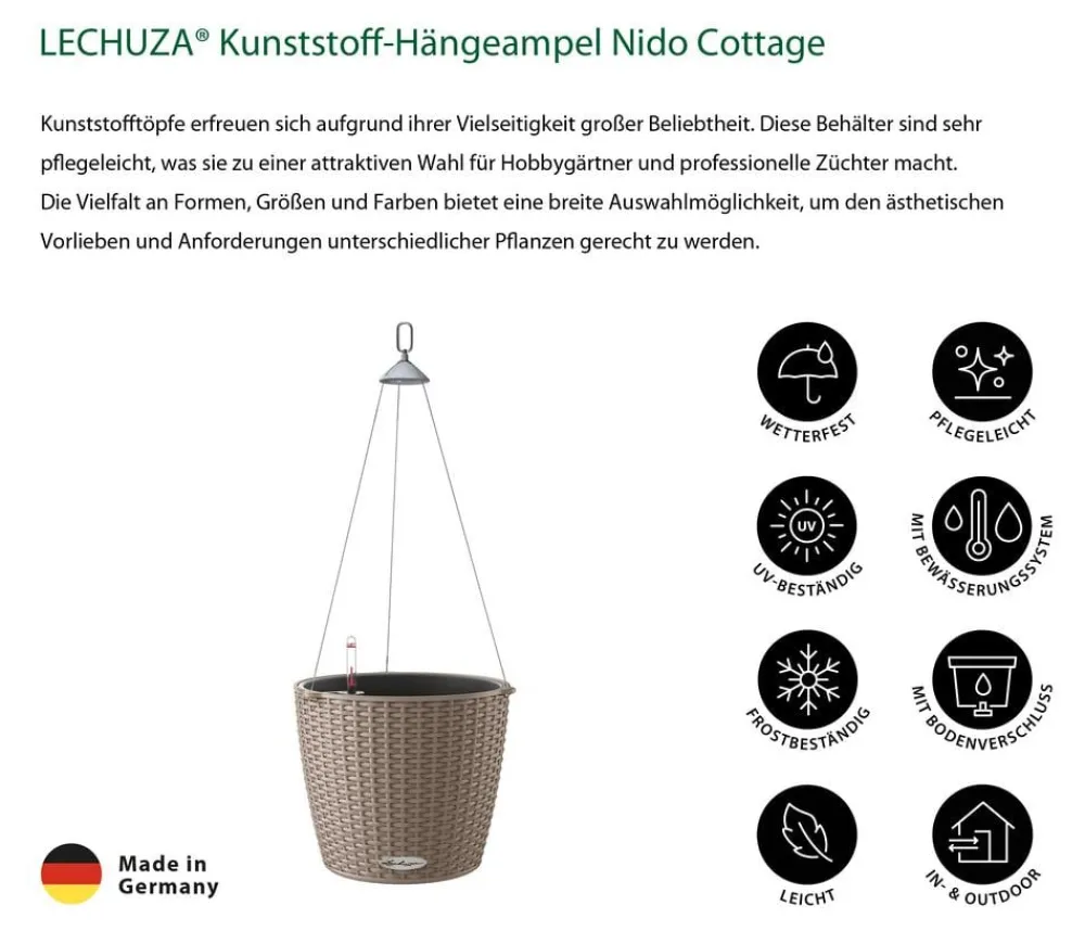 LECHUZA® Lechuza Pflanzgefäße & Töpfe|Blumenampeln & -Schalen - Kunststoff-Hängeampel Nido Cottage Hellbraun