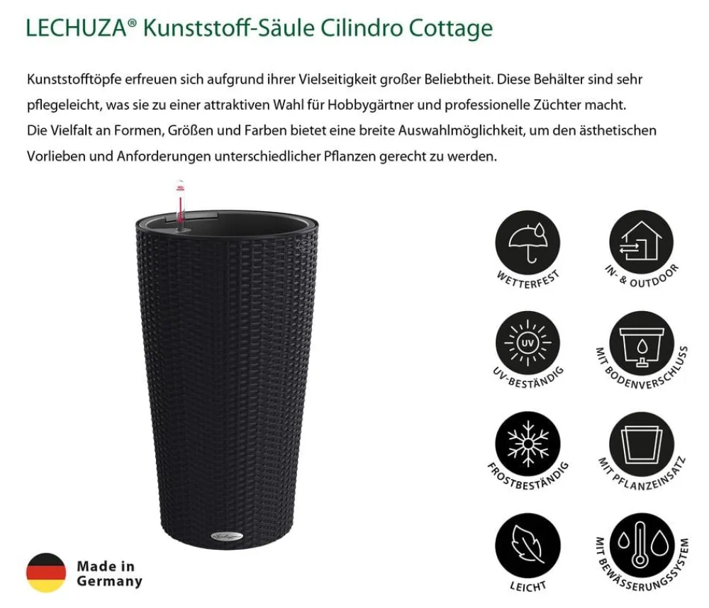 LECHUZA® Lechuza Pflanzgefäße & Töpfe - Kunststoff-Säule Cilindro Cottage inkl. Pflanzeinsatz, konisch Schwarz