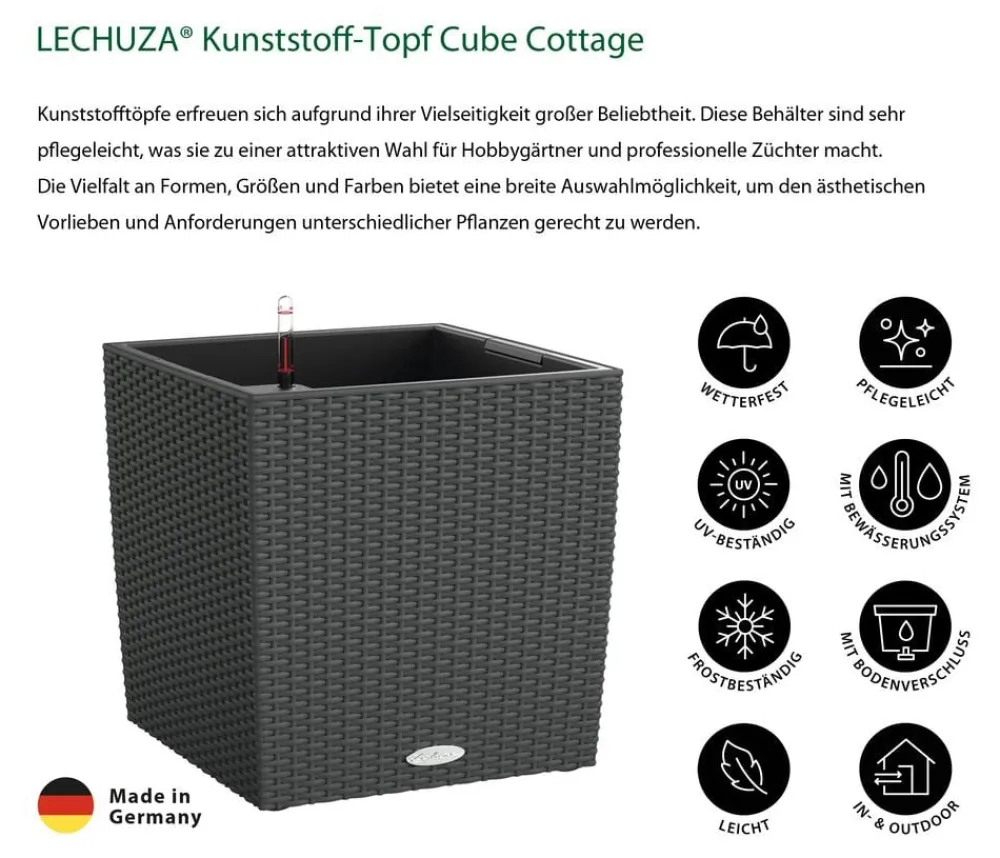 LECHUZA® Kunststoff-Topf Cube Cottage, quadratisch Dunkelgrau New