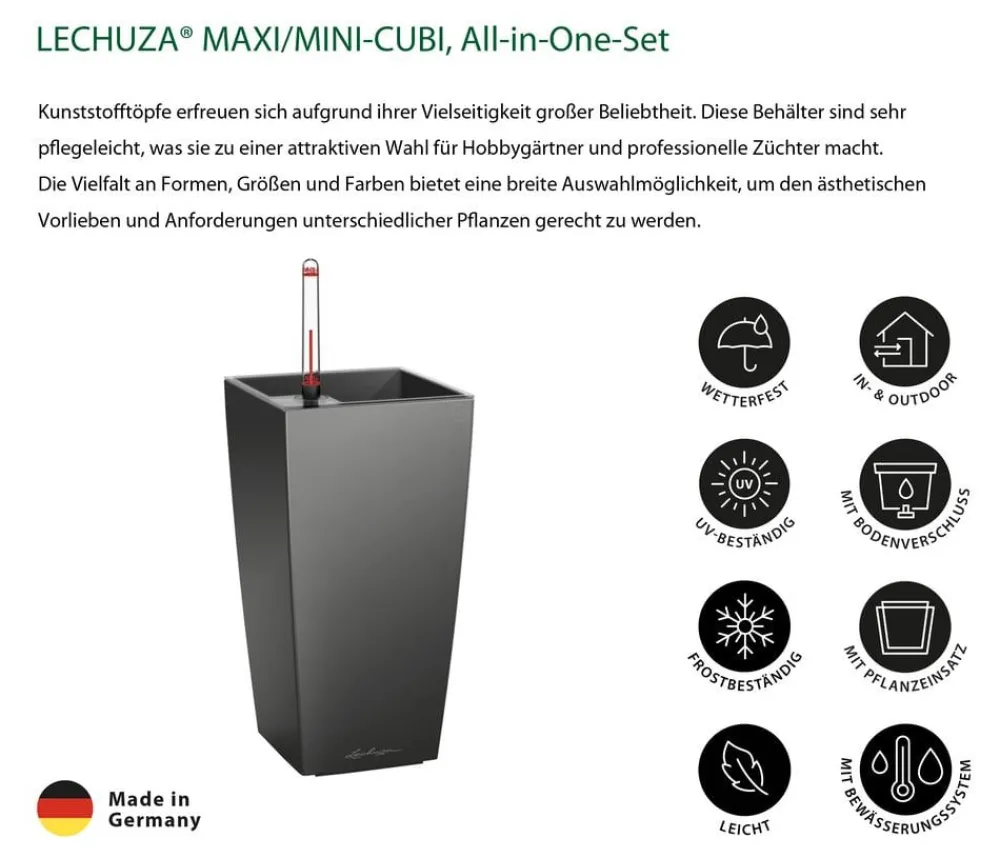 LECHUZA® Lechuza Tischgefäße|Lechuza Pflanzgefäße & Töpfe - MAXI/MINI-CUBI, All-in-One-Set, hochglanz Dunkelgrau