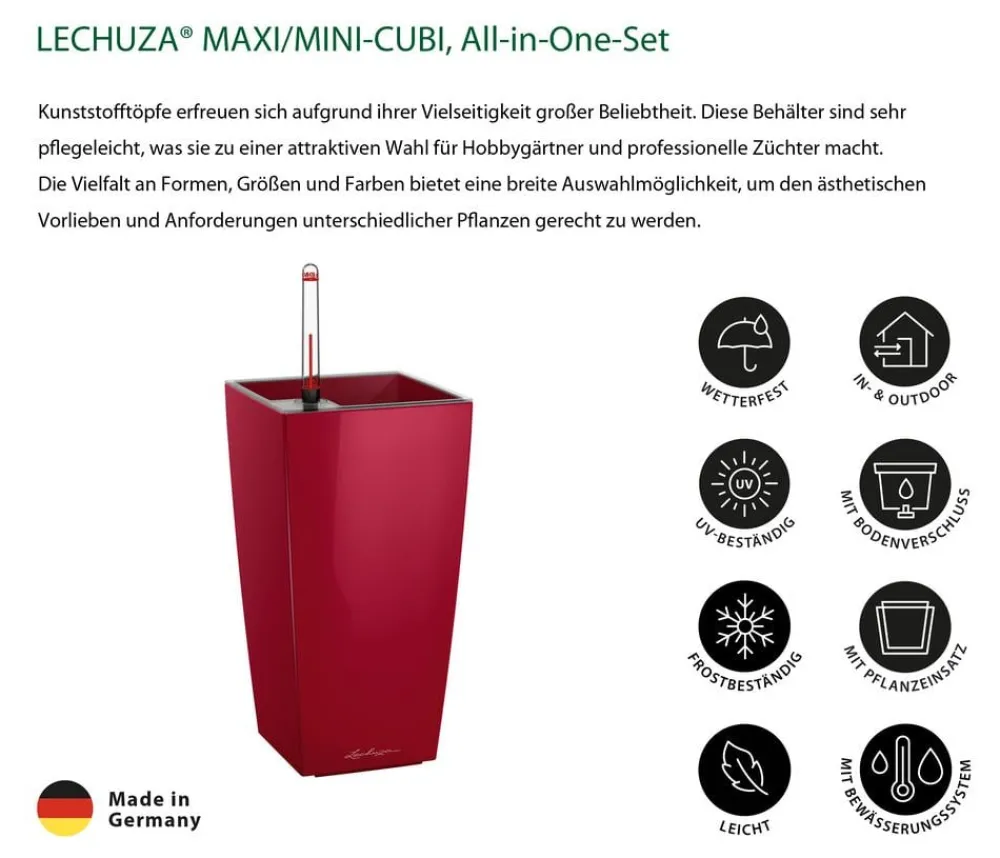 LECHUZA® Lechuza Tischgefäße|Lechuza Pflanzgefäße & Töpfe - MAXI/MINI-CUBI, All-in-One-Set, hochglanz Dunkelrot