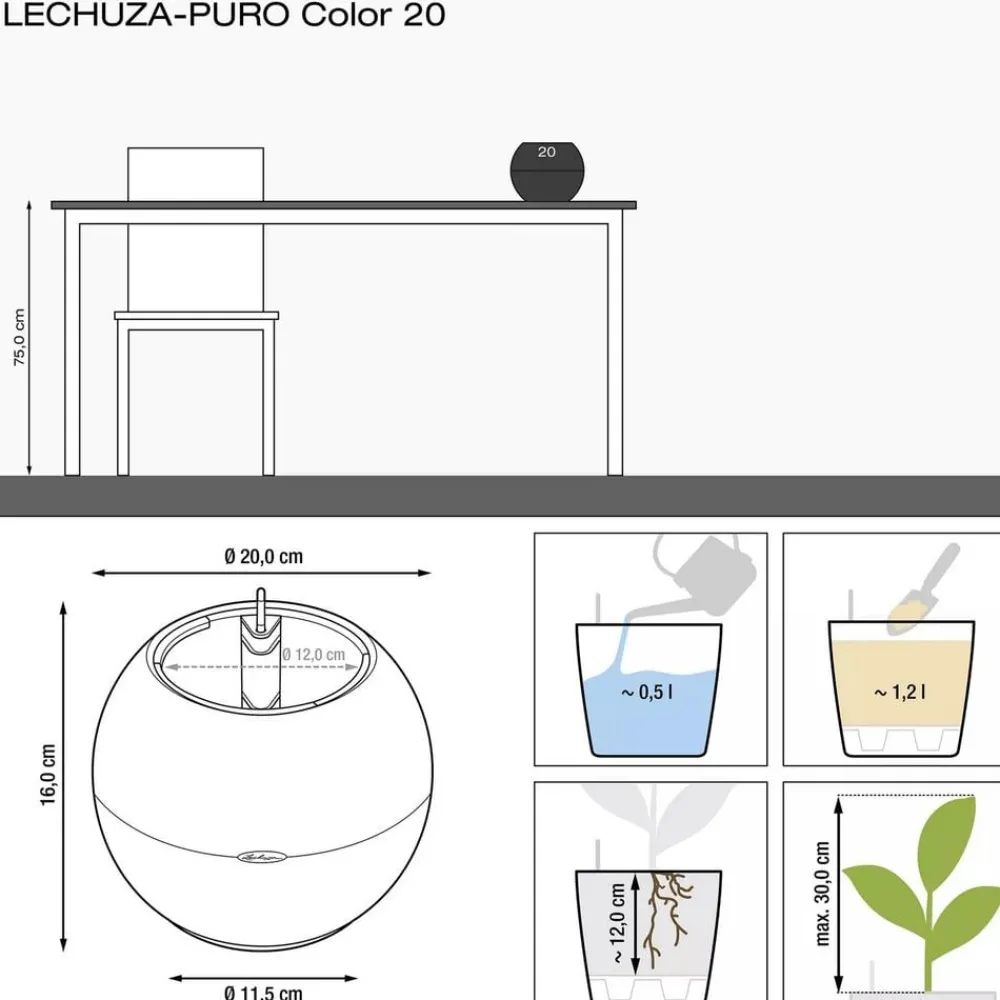 LECHUZA® Lechuza Pflanzgefäße & Töpfe|Lechuza Tischgefäße > PURO Color, All-in-One-Set, rund, ca. Ø20 cm