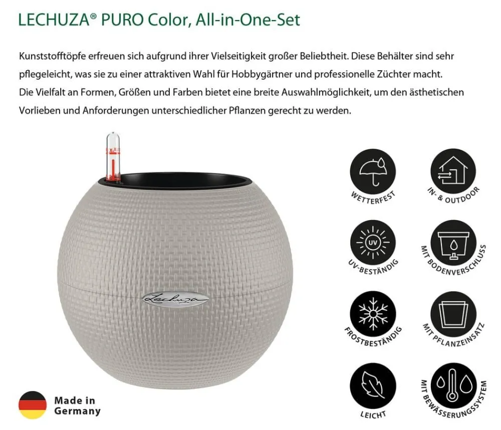 LECHUZA® Lechuza Pflanzgefäße & Töpfe|Lechuza Tischgefäße - PURO Color, All-in-One-Set, rund, ca. Ø20 cm Beige