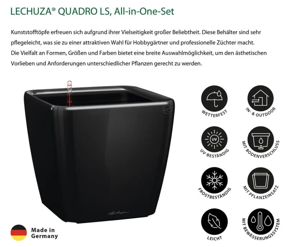 LECHUZA® Lechuza Pflanzgefäße & Töpfe|Lechuza Tischgefäße - QUADRO LS, All-in-One-Set Schwarz