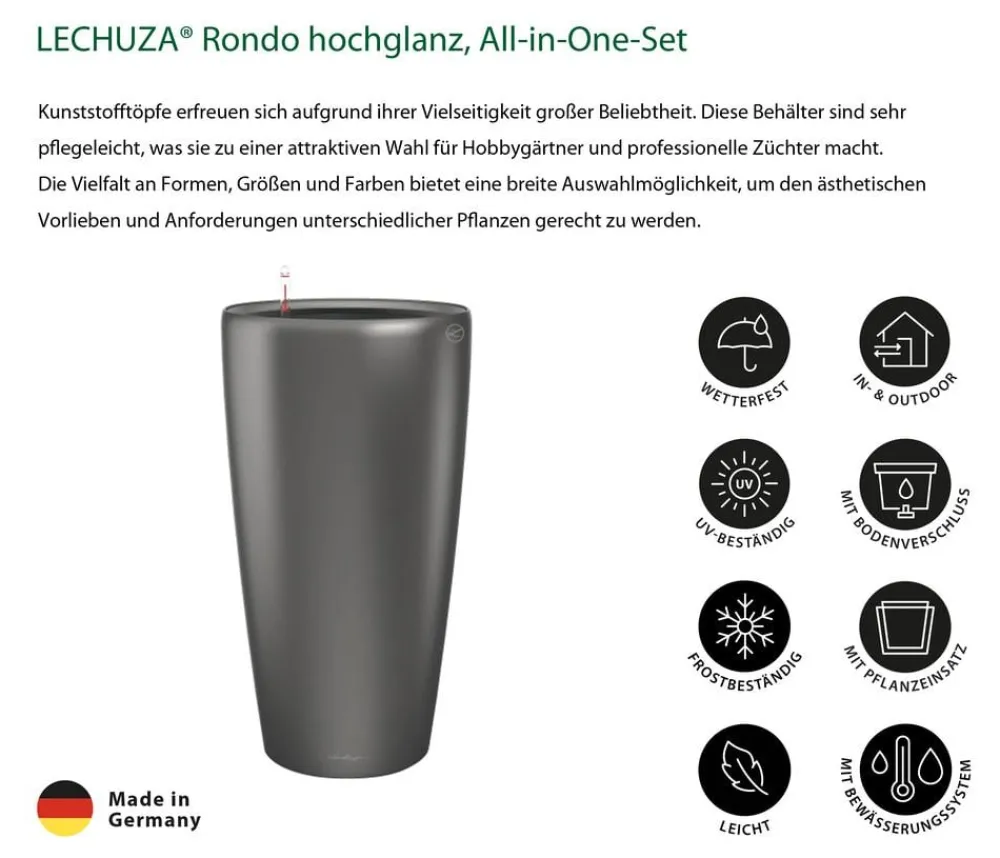 LECHUZA® Rondo hochglanz All-in-One-Set anthrazit metallic, 15783 Dunkelgrau
