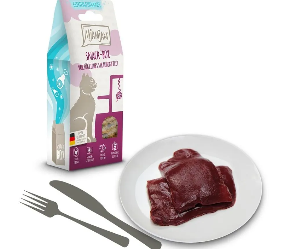 MjAMjAM® Katzenleckerlies & Getränke - Katzensnack Snackbox vorzügliches Straußenfilet, Adult, 40 g