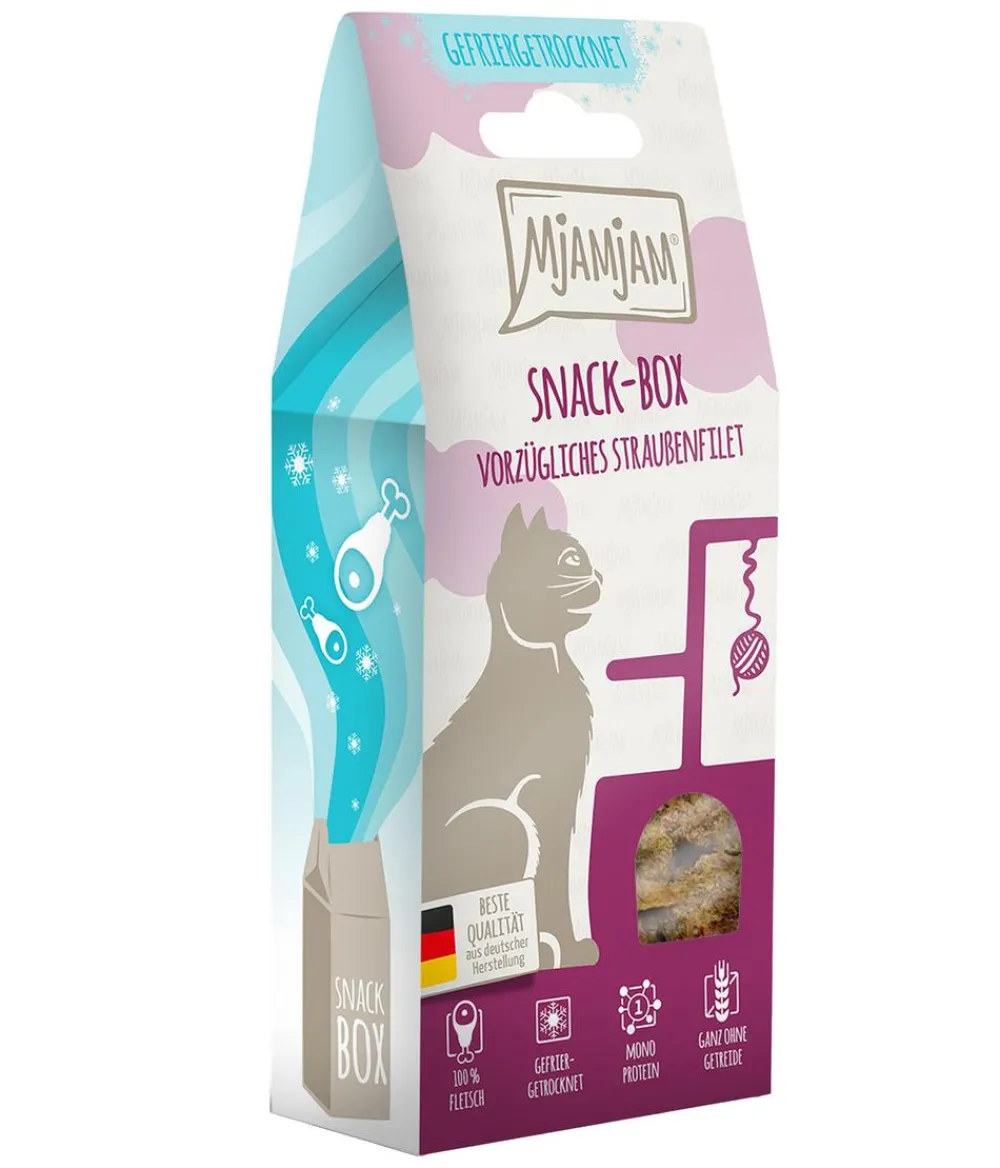 MjAMjAM® Katzenleckerlies & Getränke - Katzensnack Snackbox vorzügliches Straußenfilet, Adult, 40 g