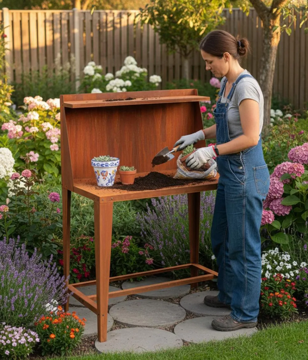 palatino Cortenstahl-Arbeitstisch " II" mit Rückwand, ca. B100/H145/T60 cm Discount