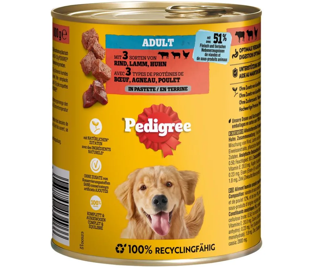 Pedigree® Nassfutter Hund - Nassfutter für Hunde Adult, mit 3 Sorten von Rind, Lamm Huhn in Pastete, 12x800 g