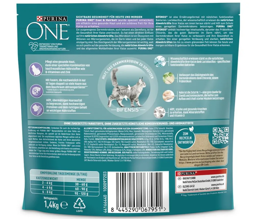 PURINA® ONE Trockenfutter Katze - PURINA ONE® Trockenfutter für Katzen Coat & Hairball, Adult, Huhn, 1,4 kg