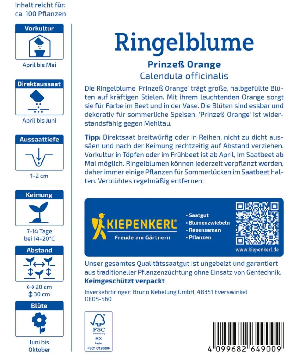Nebelung/Kiepenkerl Blumensamen - Ringelblume Prinzeß , Saatgut von Kiepenkerl Orange