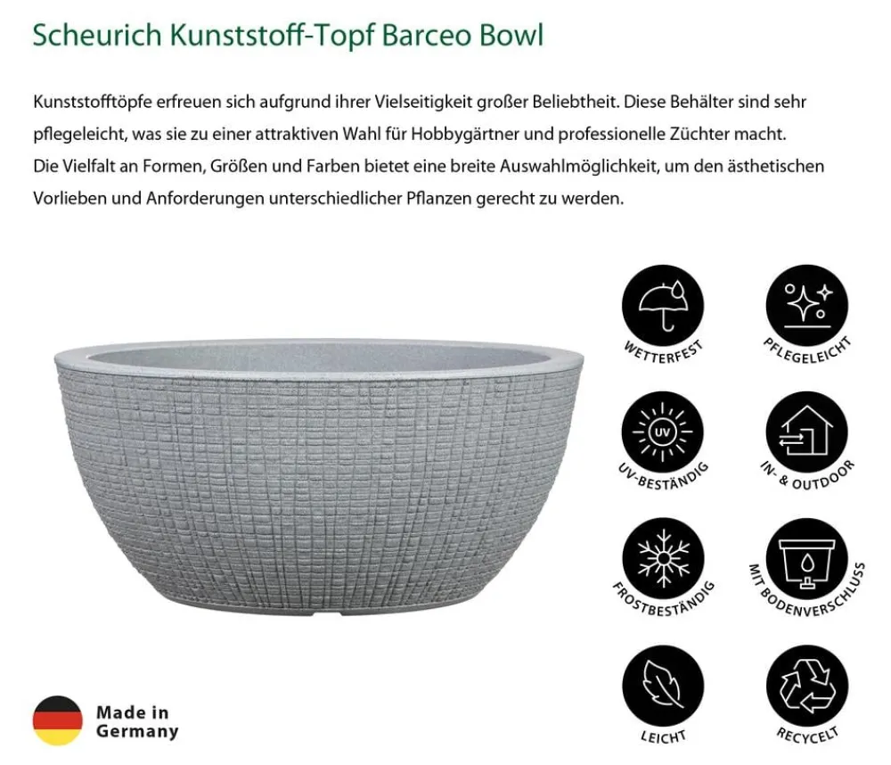 Scheurich Blumentöpfe & Übertöpfe - Kunststoff-Topf Barceo Bowl, rund, ca. Ø39/H18 cm Grau