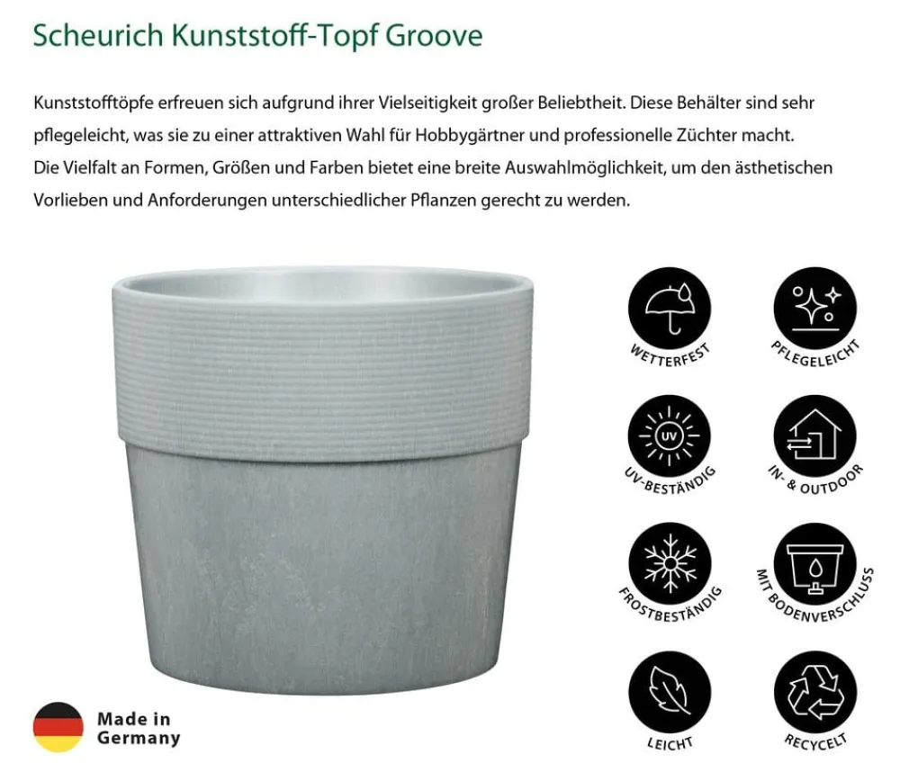 Scheurich Blumentöpfe & Übertöpfe - Kunststoff-Topf Groove+, rund, ca. Ø28,5/H26 cm Grau