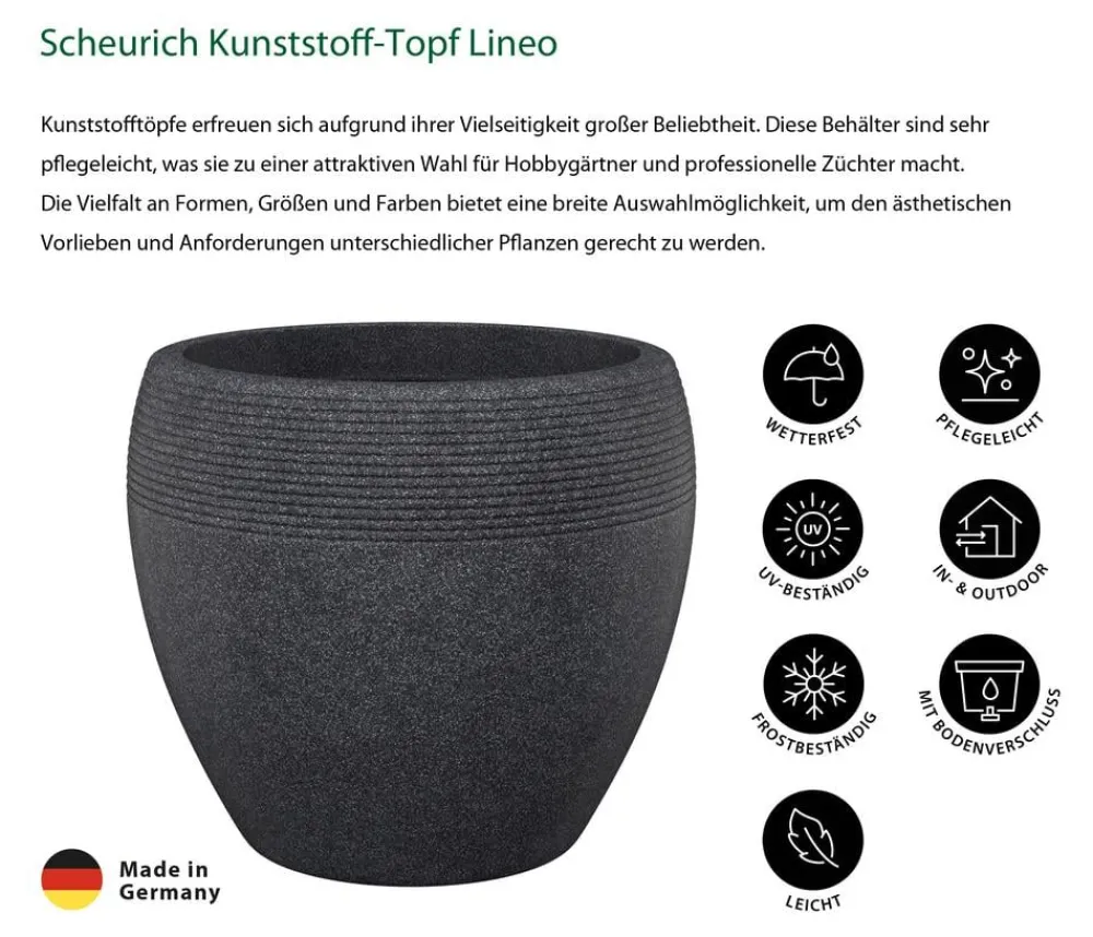 Scheurich Blumentöpfe & Übertöpfe - Kunststoff-Topf Lineo, rund, -granit Schwarz