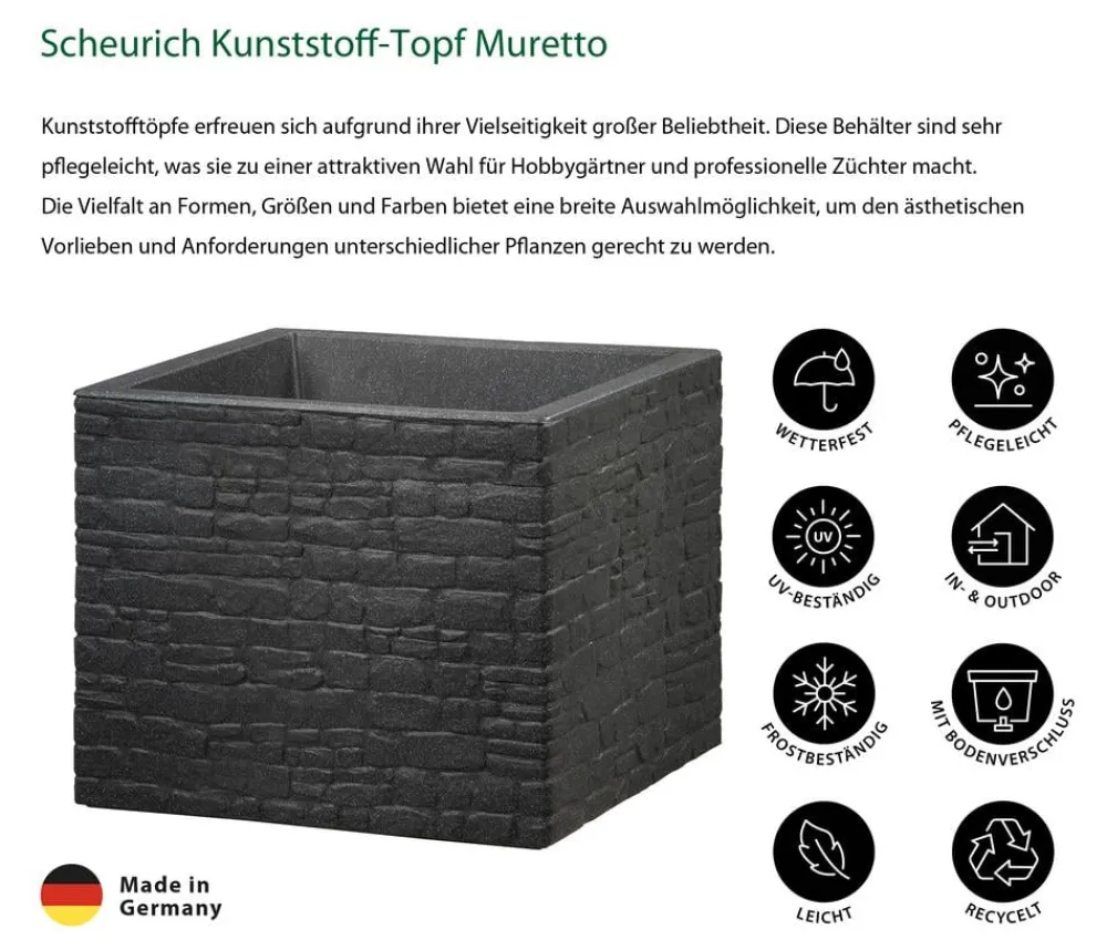 Scheurich Blumentöpfe & Übertöpfe - Kunststoff-Topf Muretto, quadratisch Schwarz